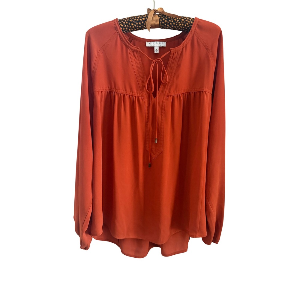 Chaus New York Women Burnt Orange Long Sleeve Tie Neck Pleated Blouse Size M